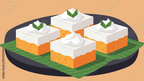 Four delicious-looking squares of traditional indonesian layer cake, or talam ubi, are served on a plate with a banana leaf and topped with cream.