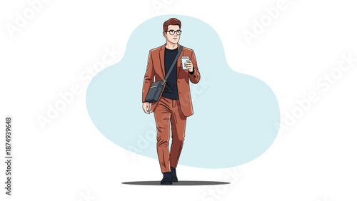 A stylish young man in a brown suit and glasses walks confidently while holding a cup of coffee and carrying a shoulder bag.
