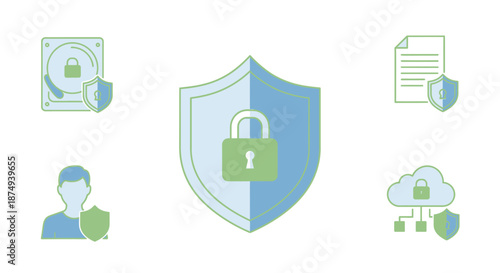 Data Security Icons - Shield, Lock, Cloud, User, and Document Protection.