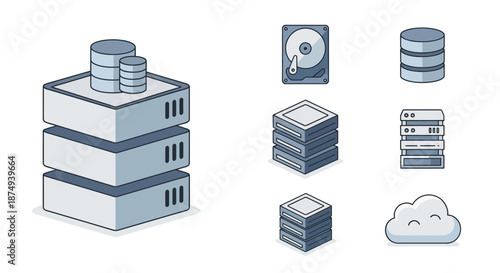 Data Storage and Server Infrastructure Icons for Cloud Computing.