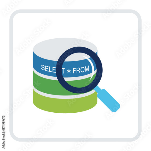 Database Cylinder with SQL Query and Magnifying Glass, Data Search Concept.