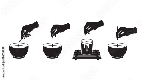 Hands lighting and extinguishing candles in an instructional minimalist black and white silhouette vector illustration for candle care guides and spa rituals.