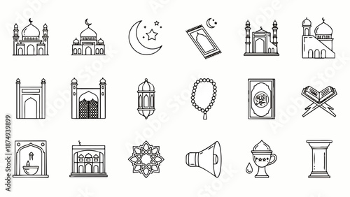 Islamic Symbols and Icons Collection Line Art.