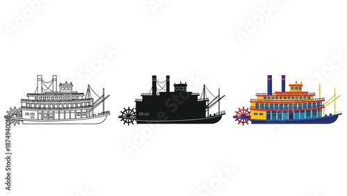 Set of three paddle steamer riverboats line art sketch, solid silhouette, and colorful illustration