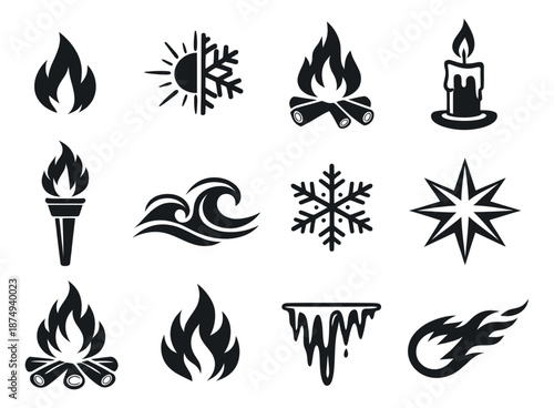 Simple black glyph natural phenomena and weather icons set featuring flames, waves, sun, snowflakes, and icicles for climate, energy, or environmental design