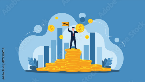 Successful businessman holding a win flag and a gold coin stands on a large pile of money in front of a growing bar chart.