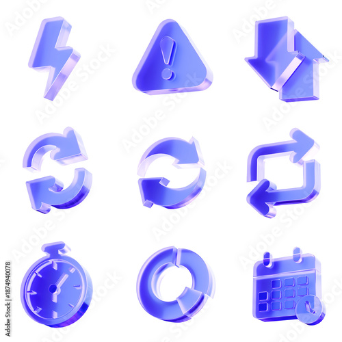 Set of 3D Glass system control icon, warning alert, sync process and time management concept. Transparent liquid Glass icon, glassmorphism icon, crystal clear. 3d illustration.
