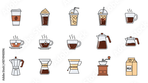 A set of fifteen colored outline icons representing various coffee drinks, brewers, and accessories, isolated on a white background.