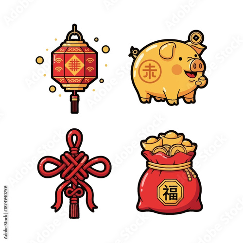 A collection of traditional Chinese New Year symbols including a lantern, a golden pig, a lucky knot, and a fortune bag with gold ingots.