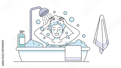 Line art illustration of a happy young man washing his hair with shampoo and bubbles while taking a relaxing bath in a bathtub.