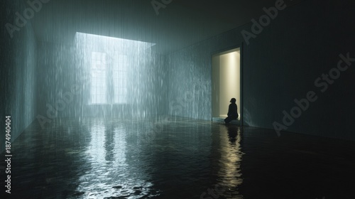 Emotional Indoor Scene with Rain and Fog in a Room Setting