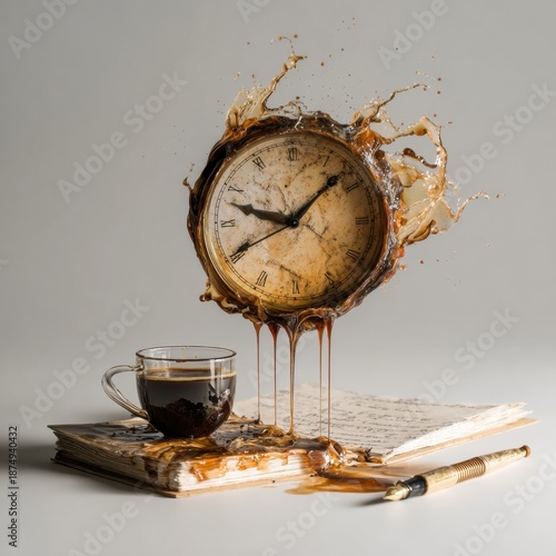Melting Clock Aesthetic with Coffee Splash and Open Book Scene