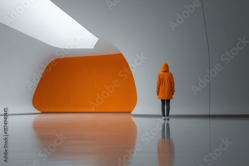 Person in Vivid Orange Jacket Standing in Modern Interior Space
