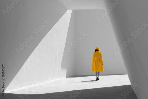 Vivid Yellow Attire in Minimalist Architecture with Striking Contrast