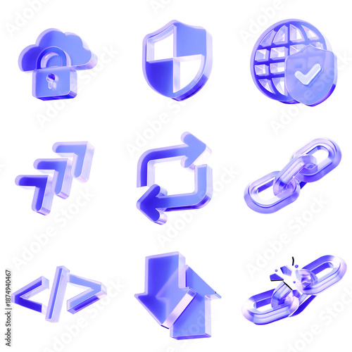 Set of 3D Glass cloud security icon, data sync, protection network and development process concept. Transparent liquid Glass icon, glassmorphism icon, crystal clear. 3d illustration.
