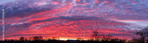Epic panoramic fiery sunset sky with textured clouds and tree silhouettes