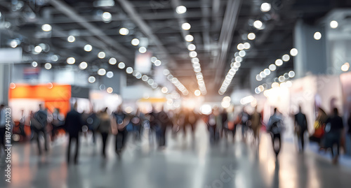 Art flou d’un salon professionnel animé avec foule en mouvement et éclairage chaleureux	