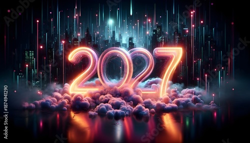 Futuristic 2027 neon above clouds. AI Generated, Generative AI