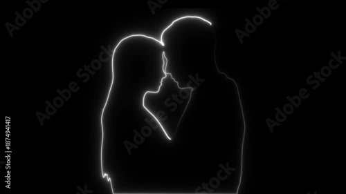 Romantic silhouette. Neon couple outline. Glowing lovers. Minimalist romance. White light art. Wedding animation. Intimacy concept. Dark background. Sleek neon lines. Love story visual.
