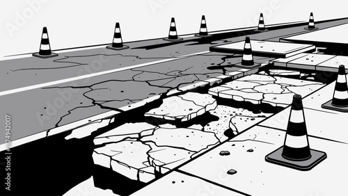 Black and White Illustration of a Fractured Road with Safety Cones