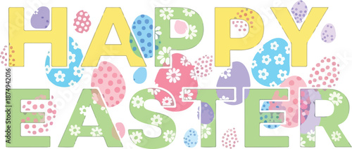 Festive Easter greeting with colorful floral patterned eggs spelling out Happy Easter in large, stylized letters, perfect for spring celebrations and holiday designs