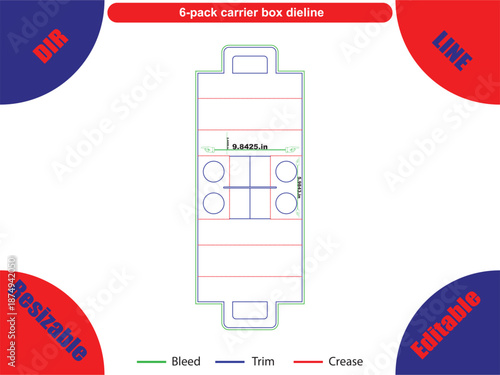 6 pack carrier box dieline with bleed trim and crease lines