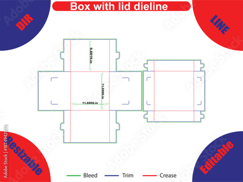 Box with lid die line template showing bleed trim and crease lines