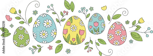 Festive Easter Eggs with Floral and Leafy Embellishments in Pastel Colors