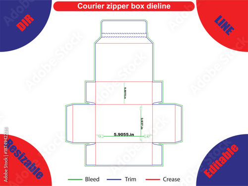 Courier zipper box dieline with bleed trim and crease lines