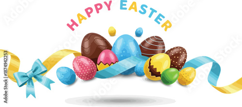 Happy Easter greeting with colorful chocolate and painted eggs adorned with ribbons and a bright yellow bow