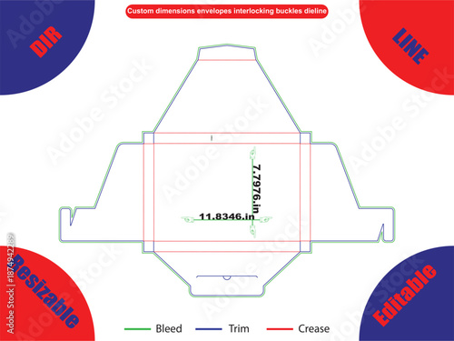 Custom dimensions envelope interlocking buckles dieline with bleed trim and crease lines