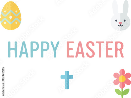 Happy Easter greeting with colorful icons including an Easter egg, bunny, cross, and flower