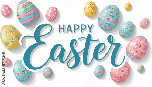 Happy Easter Greeting Card with Decorated Colorful Easter Eggs and Text