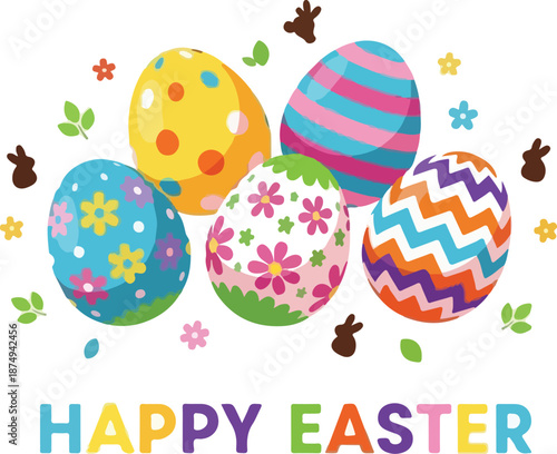 Festive Easter illustration featuring colorful decorated eggs, flowers, and bunnies, wishing a Happy Easter
