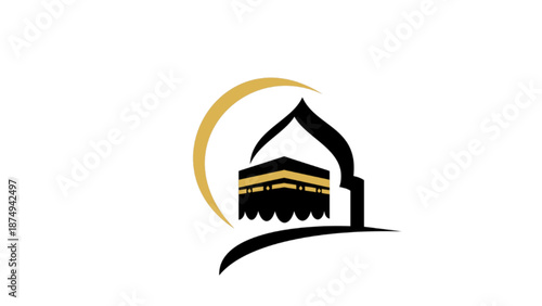Islamic Pilgrimage Kaaba with Gold Crescent Moon Logo