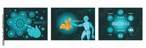 Smart Industry 4.0 concept. Industry 4.0 Robotic Arm Handling Boxes. Industry 4.0, Cloud Computing,