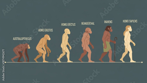 Human evolution timeline showing stages from Australopithecus to Homo sapiens flat vector illustration for science and education