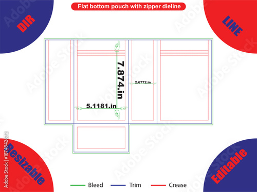 Flat bottom pouch with zipper dieline and measurements