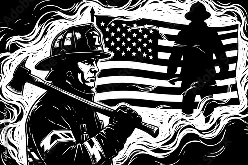 Brave firefighter illustration with american flag