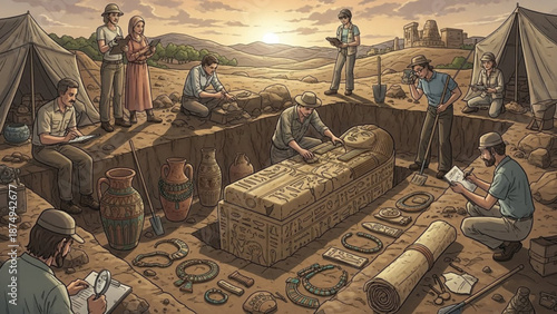 Archaeological excavation unearths ancient sarcophagus and artifacts scientists documenting discovery at historical dig site during sun
