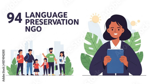 Diverse group of people and a woman with clipboard representing language preservation NGO flat illustration for web and presentation