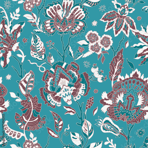 Teal Burgundy Folk Floral Pattern