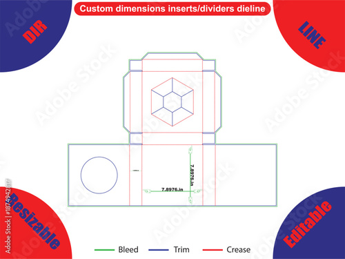 Hexagon and circle template with bleed trim and crease lines