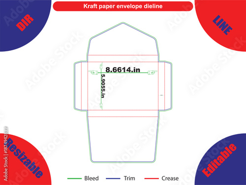 Kraft paper envelope dieline with bleed trim and crease lines