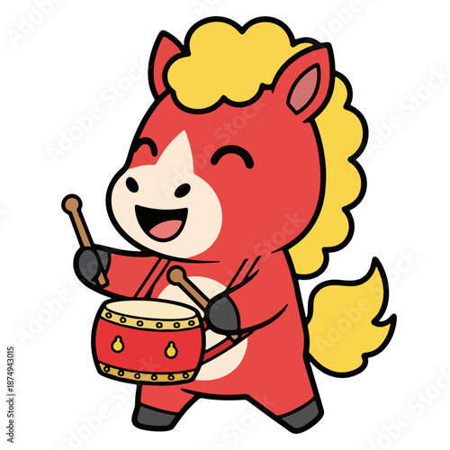 Fire horse mascot playing a traditional red Chinese drum for lunar new year festival.