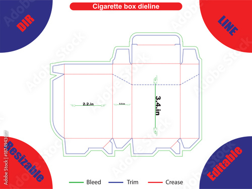 Cigarette box dieline with bleed trim and crease lines