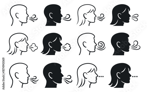 Outline and filled human face icons set featuring breathing, speaking, and coughing gestures for respiratory health and communication design