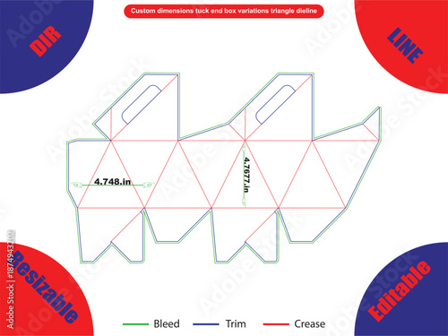 Triangle die line template with bleed trim and crease lines