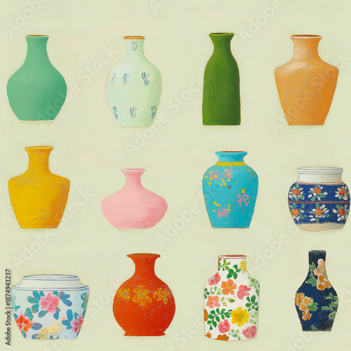 Colorful Vases in Unique Shapes Seamless Pattern