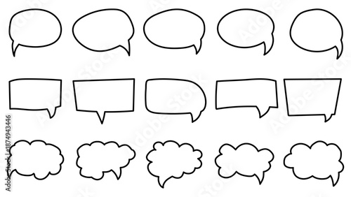Text box frame Set outline. Hand drawn text talk message frame in Black and White. Outline dialog speech, square, chat color design Collections